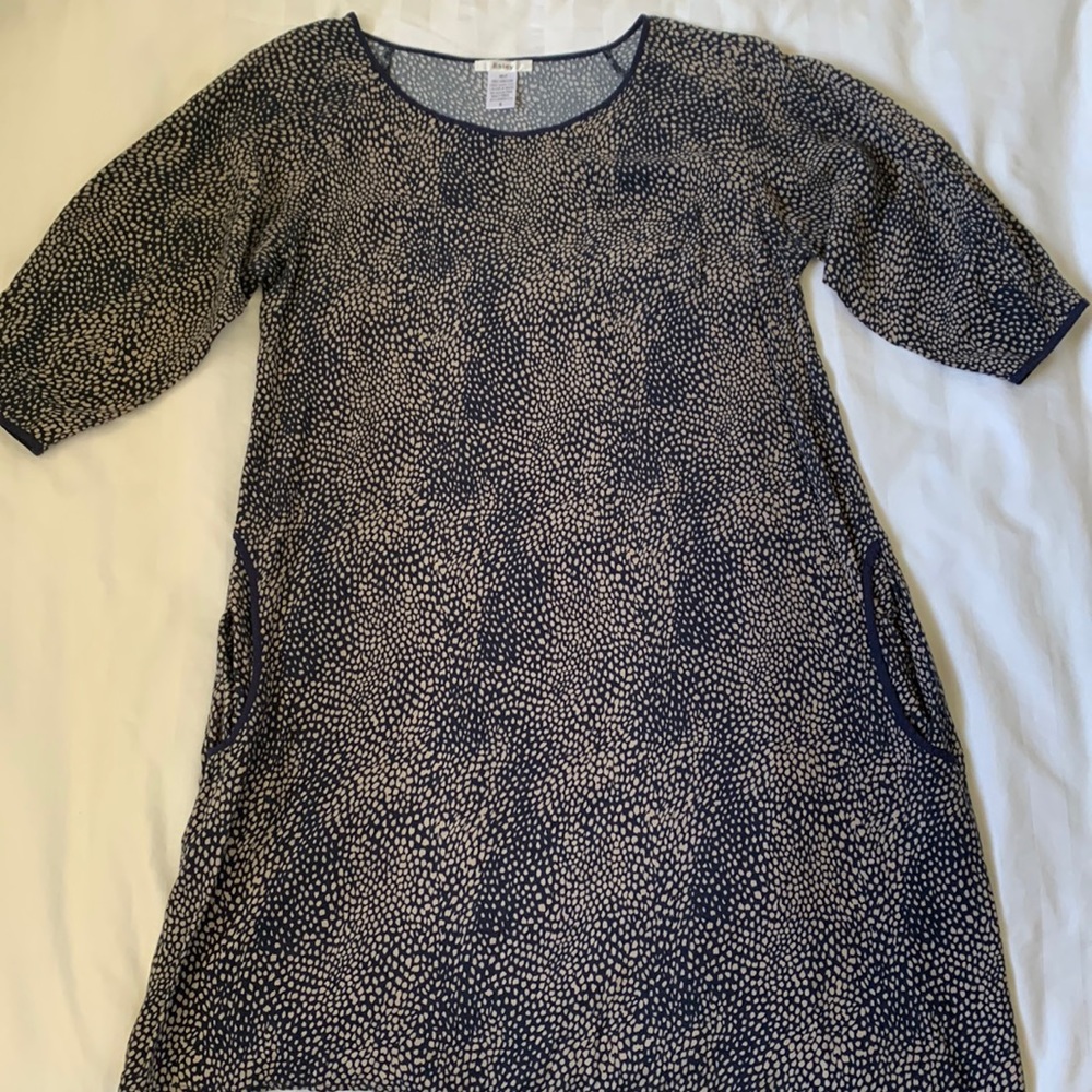 Easley navy w taupe dot pattern viscose A line dress w pockets EUC